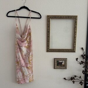 PINK AND GOLD MARBLE SATIN MINI COWL NECK DRESS